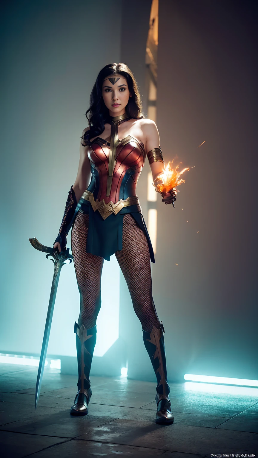 ((photo by full body, standing, Feet on the ground)) a woman dressed as a warrior holding a sword, sexy painting of gal gadot, fishnet pantyhose,, arte de fantasia de tyler edlin, fantasy woman, gal gadot as hell lord, zenoscope, a very beautiful berserker woman, magali villeneuve&#39;, as seen on artgerm, very beautiful barbarian woman, artgerm julie bell beeple, 4k fantasy artwork