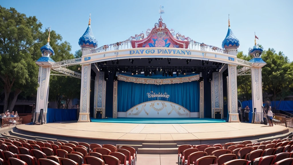 An empty Disneyland-style outdoor show stage during the day。Stage background color々There are musical notes drawn on it.