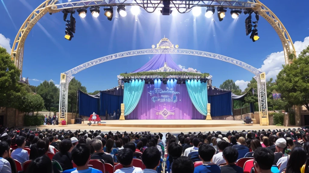 An empty Disneyland-style outdoor show stage during the day。Stage background color々There are musical notes drawn on it.