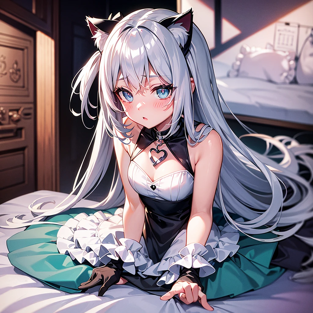 Jade-colored eyes silver hair, cat ears girl
heart necklace
long hair blush white dress