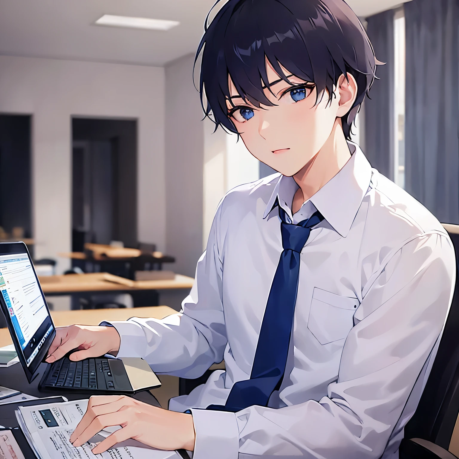 (looking away:1.5), upper body、masterpiece、Highest quality、(25-year-old male:1.5) and(Black short hair) and (blue eyes), (suit:1.5) and (Blue tie)、Serious, Background is an office room、(Alone:1.5)、Typing