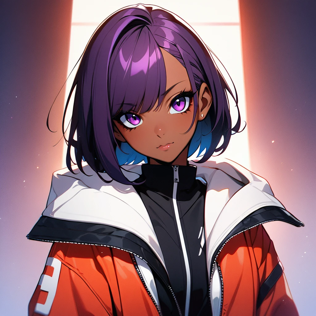 anime girl with purple hair and a red jacket, dark skinned, posing, a character portrait by Ilya Kuvshinov, pixiv contest winner, shin hanga, Yoruichi