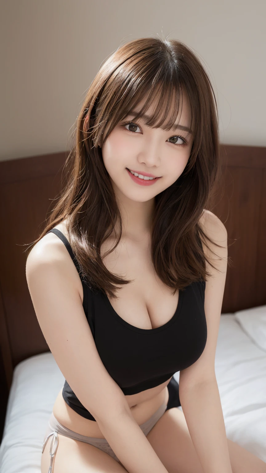 masutepiece, Best Quality, Illustration, Ultra-detailed, finely detail, hight resolution, 8K Wallpaper, Perfect dynamic composition, Beautiful detailed eyes, nsfw, cleavage, Random sexy poses, Full body, light brown hair, Blunt Bangs, wavy hair, (Absurdly Long Hair:1.6), (Beautiful Voluminous breasts), (real looking skin), Natural Color Lip, (The best smile), 17 year old, Beautiful girl, (very short tank top:1.6), (erect nipples), (string panties:1.4), (bedroom background)