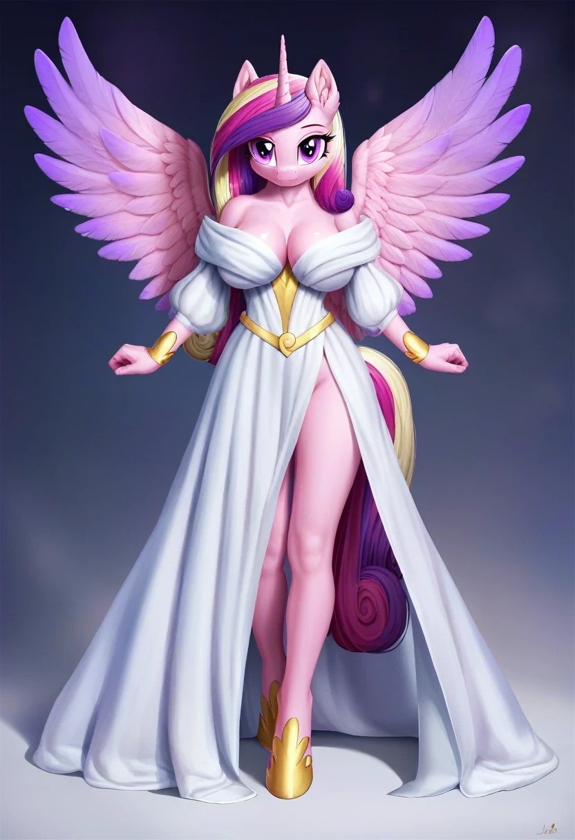 score_9, score_8_up, score_7_up, score_6_up, score_5_up, score_4_up,  by aki99, source_pony, rating_questionable, masterpiece, countershading, detailed soft lighting BREAK
anthro pony princess cadance wearing a silver bath robe, long hair, joyful, oiled, shiny, large breasts, full body, ear fluff, fashion show background, sexy pose