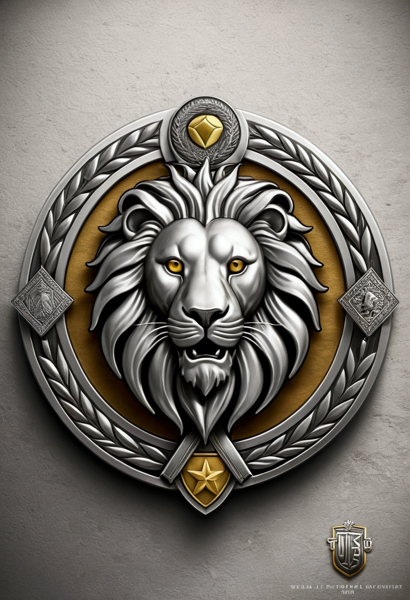 (Game achievement emblem design),Silver medal,Flat 2D effects,Wheat ears,(in the center flag of the tribe of Judah from the Bible、There is an icon of a lion inside the flag )