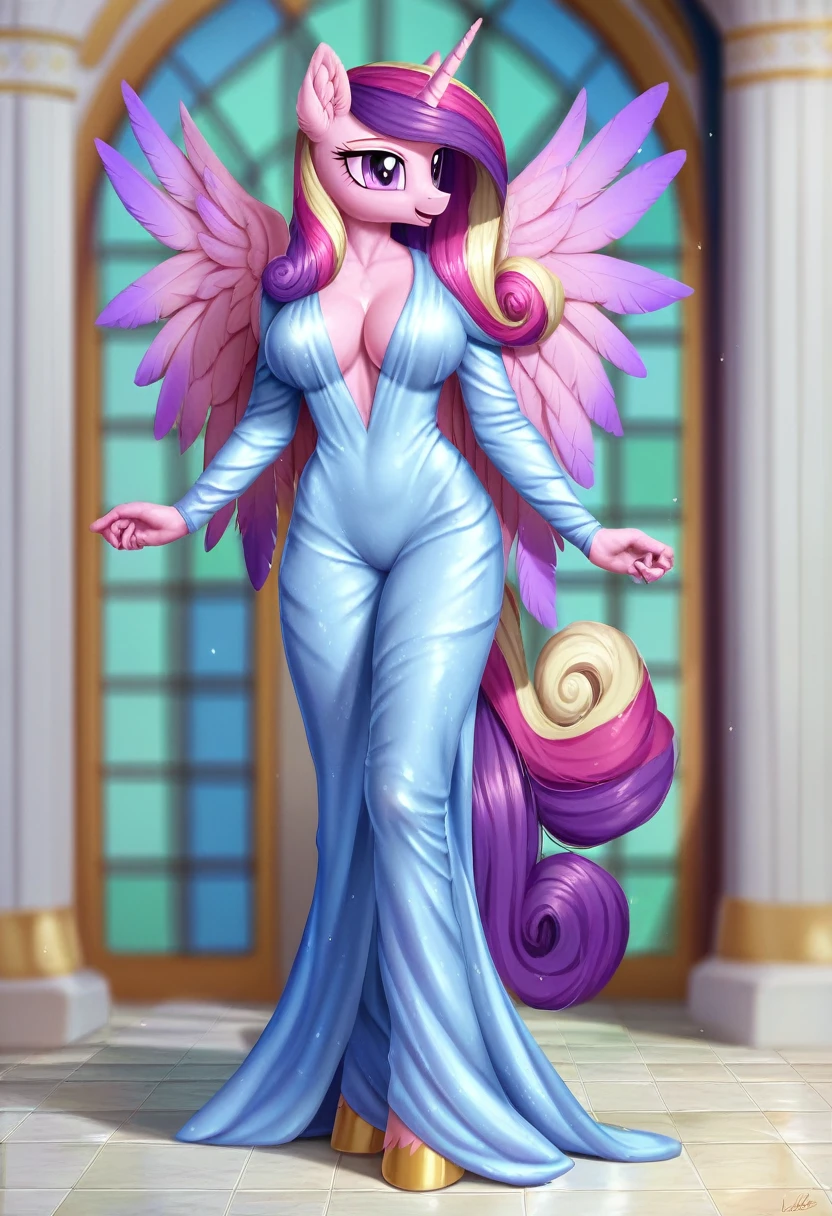 score_9, score_8_up, score_7_up, score_6_up, score_5_up, score_4_up, by aki99, source_pony, rating_questionable, masterpiece, countershading, detailed soft lighting BREAK
anthro pony princess cadance wearing a silver bath robe, long hair, joyful, oiled, shiny, large breasts, full body, ear fluff, fashion show background, sexy pose