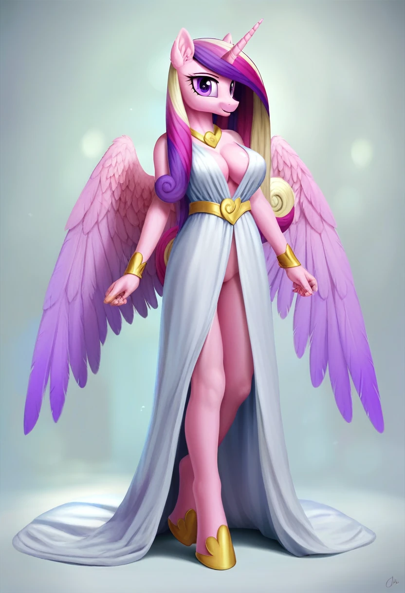 score_9, score_8_up, score_7_up, score_6_up, score_5_up, score_4_up,  by aki99, source_pony, rating_questionable, masterpiece, countershading, detailed soft lighting BREAK
anthro pony princess cadance wearing a silver bath robe, long hair, joyful, oiled, shiny, large breasts, full body, ear fluff, fashion show background, sexy pose