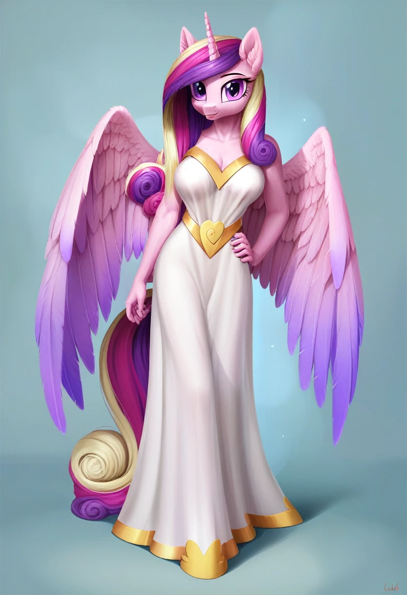 score_9, score_8_up, score_7_up, score_6_up, score_5_up, score_4_up,  by aki99, source_pony, rating_questionable, masterpiece, countershading, detailed soft lighting BREAK
anthro pony princess cadance wearing a silver bath robe, long hair, joyful, oiled, shiny, large breasts, full body, ear fluff, fashion show background, sexy pose