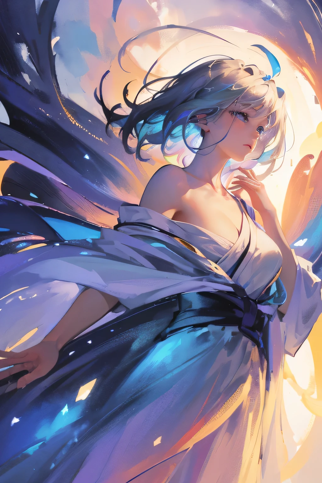 (Close-up image:1.4)((masterpiece:1.5,Highest quality,Beautiful images、2.5D、Abstract、Artistic、Watercolor))(One girl, 独奏)(Cute Girls、large breasts, Gray Hair、short hair、Beautiful breasts、Beautiful breasts cleavage),(profile、Look at an angle、shake your head、Sad look, Floating Hair、Backlight)(Plain background:1.5)((Dynamic Angle:1.5)),Unbuttoned Japanese clothing、Off the shoulder. ((from side))
