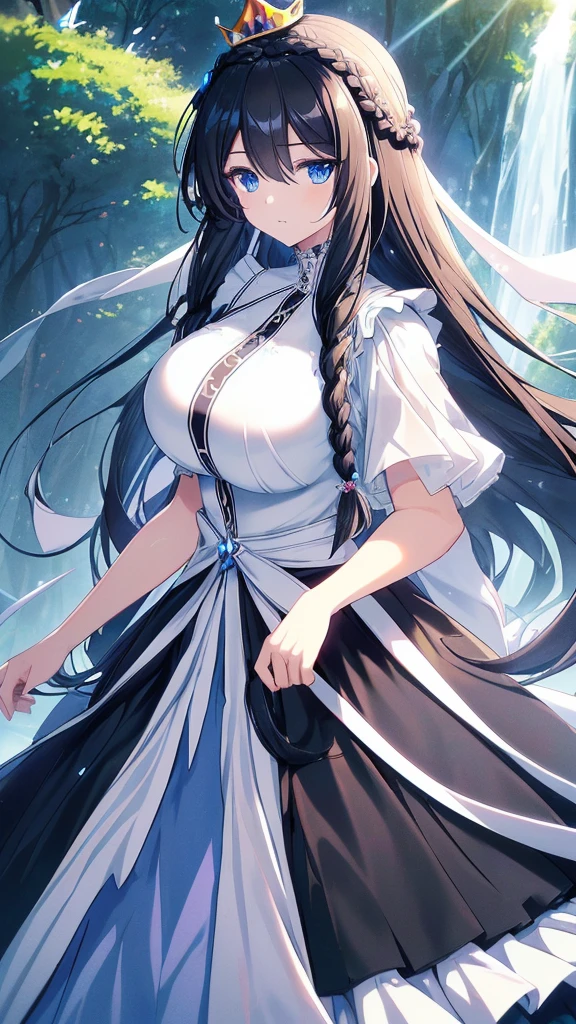 best quality, extremely detailed,anime style girl,long hair down to the waist, straight hair, ((dark black hair with bluish)),((crown braid)),beautiful detailed eyes, pinched eyes, (dark blue eyes),huge breasts,curvy,((((white main princess battle dress)))),clothing with complex patterns,cool expression,((((nature)))),Sunlight,((Diagonal angle)),dynamic angle