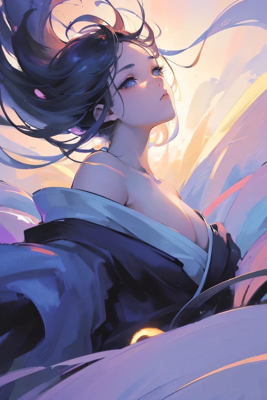 (Close-up image:1.4)((masterpiece:1.5,Highest quality,Beautiful images、2.5D、Abstract、Artistic、Watercolor))(One girl, 独奏)(Cute Girls、large breasts, Gray Hair、short hair、Beautiful breasts、Beautiful breasts cleavage),(profile、Look at an angle、shake your head、Sad look, Floating Hair、Backlight)(Plain background:1.5)((Dynamic Angle:1.5)),Unbuttoned Japanese clothing、Off the shoulder. ((from side))
