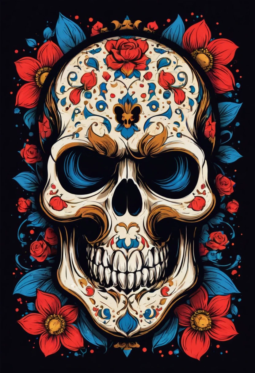 skull t-shirt design, text logo: BARCELOS, flat colors, black background,