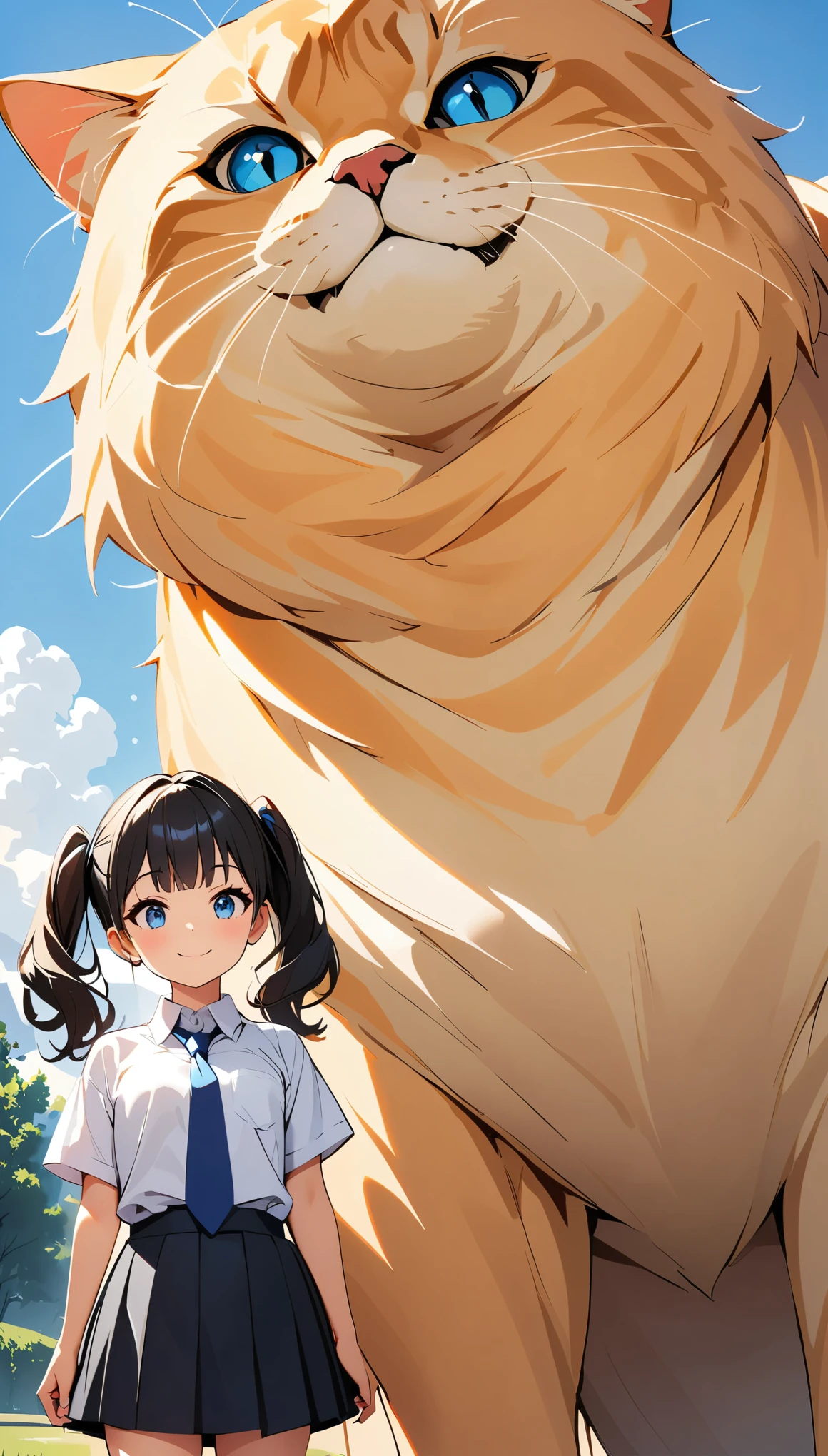 ((Giant cat and girl)), Black Hair, Twin tails, blue eyes, Collared shirt, Blue tie, , smile, Cuddling with a giant cat, Focus on cats, Meeting a giant cat:1.2, (Highest quality:1.2, Very detailed, Attention to detail, digital coloring, High Contrast, masterpiece:1.2, Best aesthetics).
