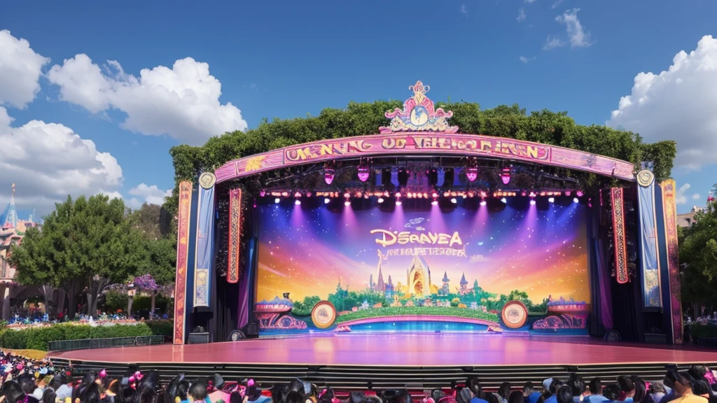 An empty Disneyland-style outdoor show stage during the day。The stage background features colorful musical scores.