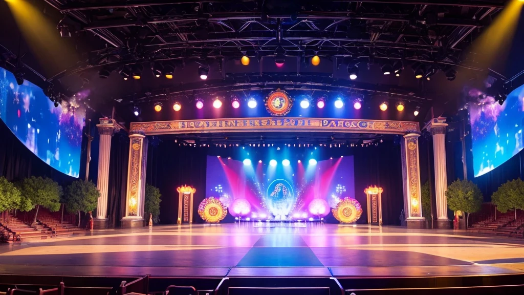 An empty Disneyland-style outdoor show stage during the day。The stage background features colorful musical scores.