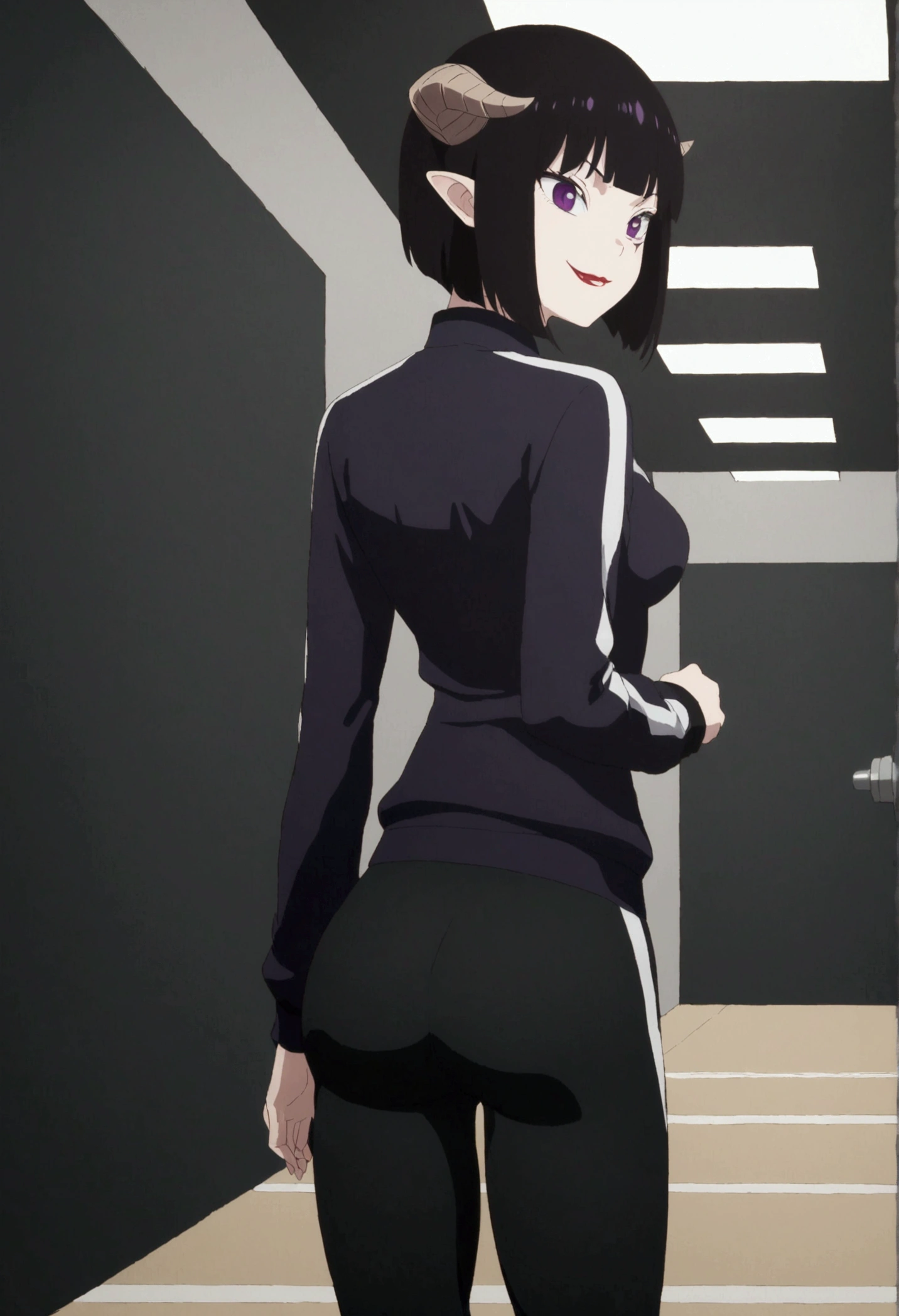 ,looking back,beautiful young fitness woman with , in a gym wearing May with black pantyhose, white and purple fitted gym jacket. standing alone,hair horns,bright purple eyes,Evil smile,legging preto aura roxa,right eyes super shining purple