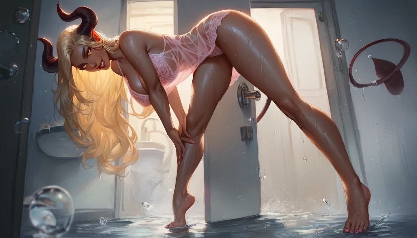 score_9, score_8_up, score_7_up, score_6_up, score_5_up, score_4_up, 1girl, solo, extreme detail, Masterpiece, Best Quality, beautiful, high res image, rating_explicit,evil smile, demon horns, succubus, golden eyes, golden hair, dark skin, Expression excited, wearing pink lace nightgown,bend forward ,wet body, water droplets, sexy thighs, standing , pushing the door open, Bathroom, (seductive:1.1), night, moonlight,perfect lighting, full body