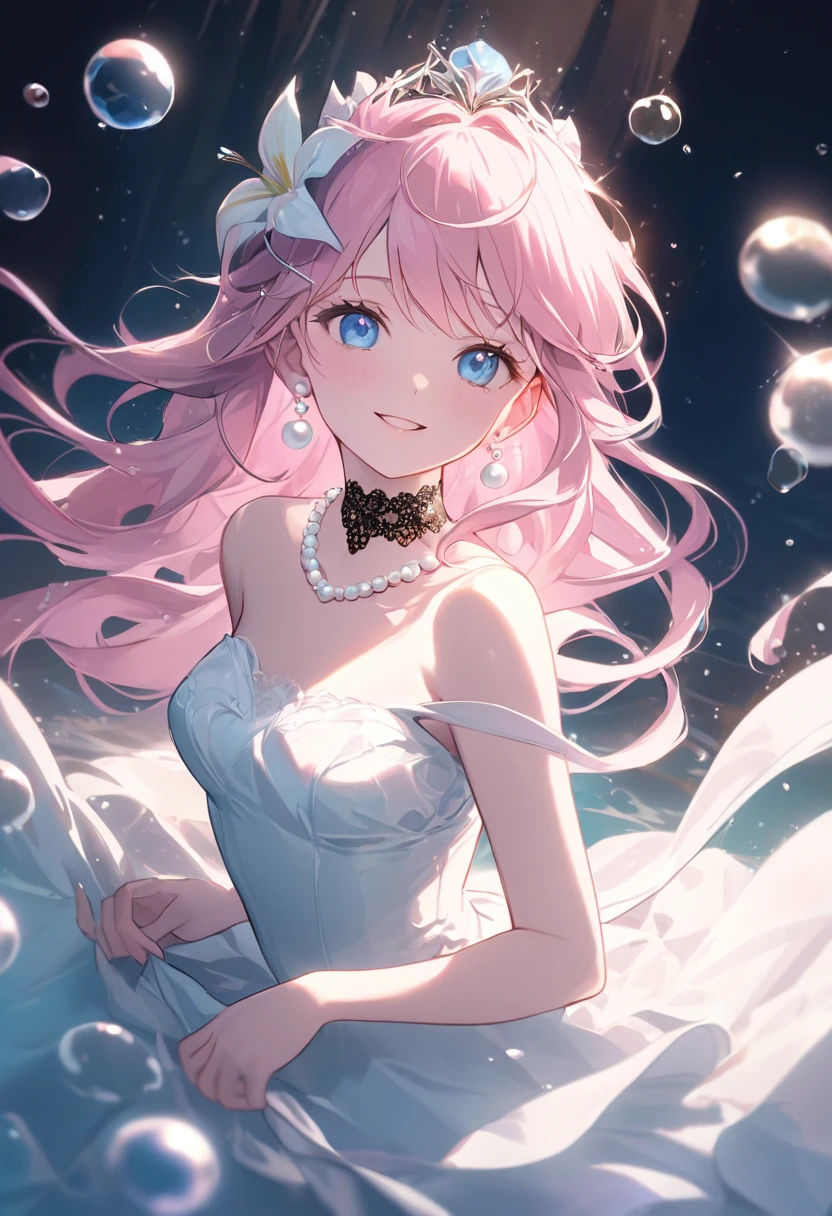 (Highest quality, masterpiece, Very detailedな, Very detailed, Exquisite, 16K,Full HD),Lilia, A girl with long pink hair, Blue eyes, a white dress with black lace, a big pink ribbon on her chest, a white flower hair ornament around her right ear.A little closer,Golden Ratio,Dramatic lighting,pastel colour,Soft lighting,Laughter,bubble,Underwater,Ocean, pastel colourの珊瑚礁,((alone:1.5)),((swim,seems to be happy,smile,sing:1.5)),(The Little Mermaid:1.4),( Long eyelashes,White skin,slim,pale pink plump lips,Pale pink cheeks, The wind is blowing,Silver and pearl decoration,Pearl tiara,Pearl Earrings,Pearl Earrings,Pearl Choker, (Fantasy, Romantic atmosphere),