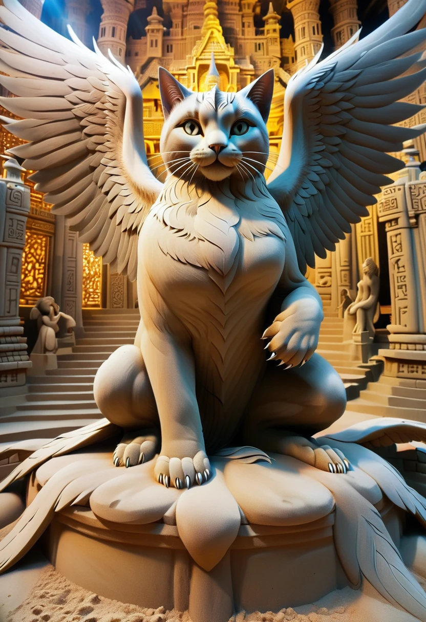 
         ( perfect anatomy )   A huge divine cat with huge wings(Personification)The mythical cat with big wings close-up mythical story background is architectural wonder palace castle architecture murals mystical symbols wonders ornately decorated temples and palaces palace scenes best quality, Ultra-fine, Extremely ridiculous, Very detailed and complex, Delicate and dynamic rendering, ultra-high quality, masterpiece, anatomically correct, Ultra-fine節, best quality desert, High-definition and high-quality presentation of sand sculpture style with sandstorm effect