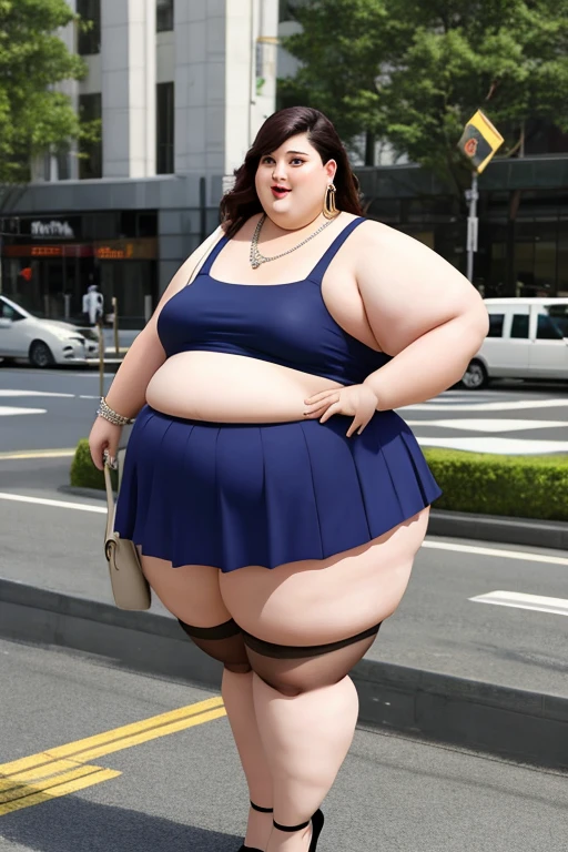 masterpiece, best quality, live action photo, 140kg extremely obese woman, large stomach, H-type miniskirt, high heel, necklace, earring, bracelet