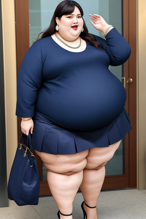 masterpiece, best quality, live action photo, 140kg extremely obese woman, large stomach, H-type miniskirt, high heel, necklace, earring, bracelet