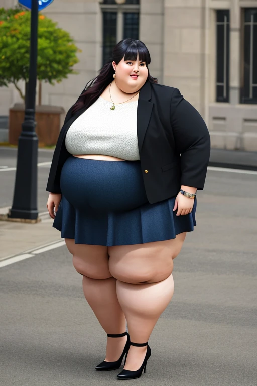 masterpiece, best quality, live action photo, 140kg extremely obese woman, large stomach, H-type miniskirt, high heel, necklace, earring, bracelet