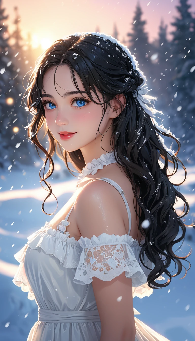 (((masterpiece))),best quality,illustration,4k wallpaper,movie lighting,absurd,1 girl,(snow,ice),in winter,blue eyes,black hair,shiny hair,curls,white dress,frills,lace,wet clothes,leave_Shoulder,hair tie,masterpiece,telephoto lens,absurd,Exquisite face,features,natural light,soft light,(Seven-part combination),epic,Dreamy and magical,mystery,shy,smile,