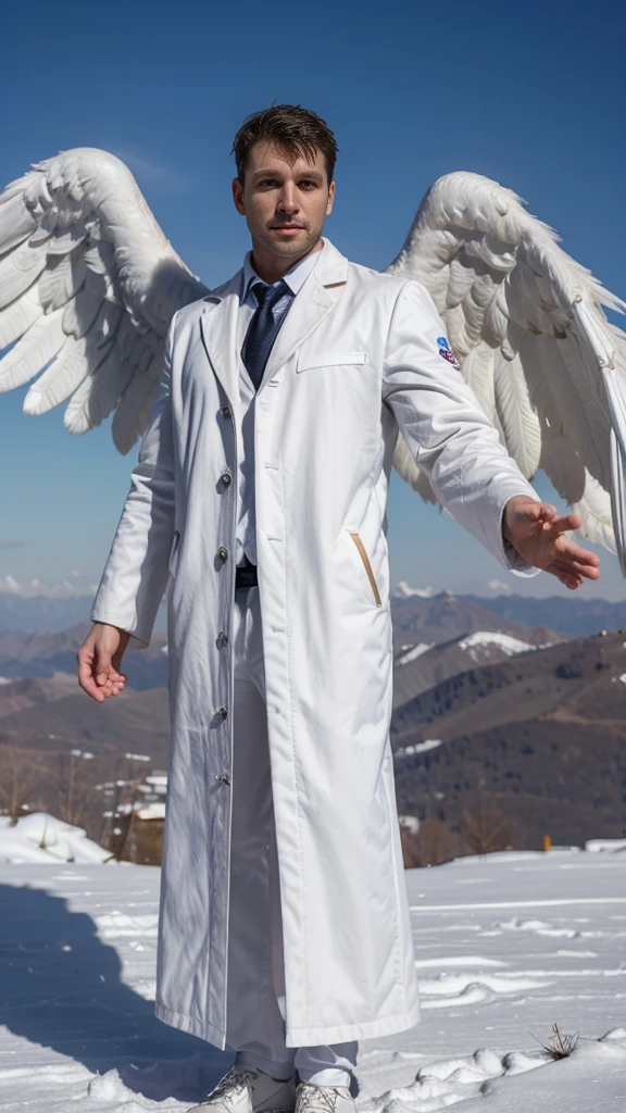 a male 35 year old angel, white coat, with a hundred extrawings, his size is tall than a mountain,ultra definition, best quality, 32k ultra, ultra HD.