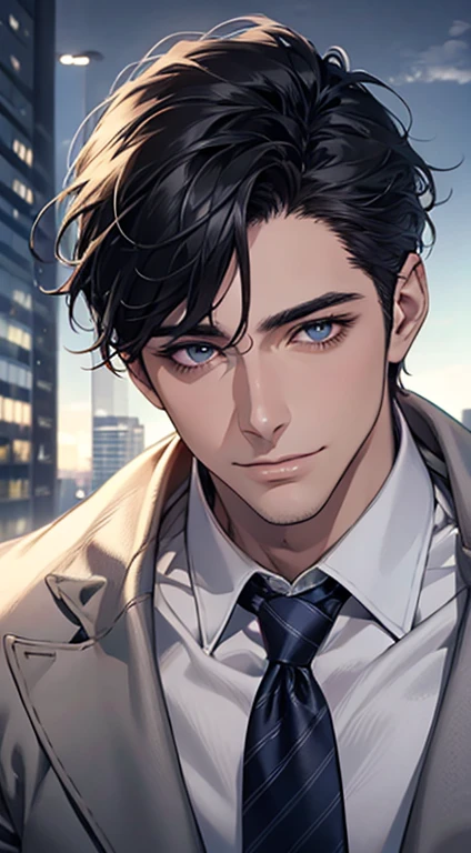 (Highest quality,4K,8K,High resolution,masterpiece:1.2),Super detailed,(Realistic,photoRealistic,photo-Realistic:1.37),1 person,31 years old,Mature Men,Beautiful skin、very handsome,Expressionless,smile,Short gray black hair,blue eyes,Sharp Eyes,A perfect face without a doubt,Businessman,Office Background,Cinema Lighting,HDR image,tie、