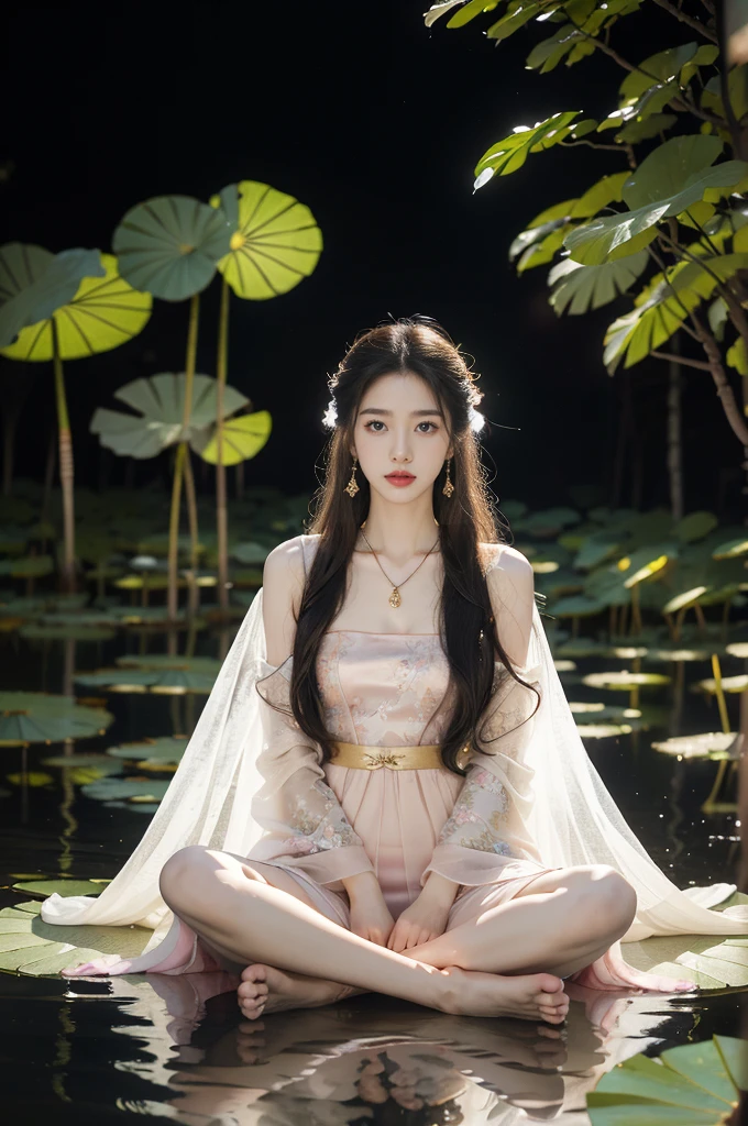 (((best quality))),(((ultra detailed))),(((masterpiece))),illustration,((1 beautiful young girl,solo)),((slim,thin)),(shoulder length straight hair:1.2),((earrings,necklace)),((small breasts,flat chest)),(see through traditional pink sheer Hanfu dress:1.3),((slender legs,bare legs,loafers)),(beside the lotus pond full of lotus flowers:1.3), serene moonlight, ethereal,floral pattern, water movement, billowing fabric, tranquil,petals, fireflies, magical, light,warm light, dreams, invitation, (sitting:1.3),(arms behind back:1.3),(spread legs apart:1.3),gazing, reflection, inner thoughts, emotional, sweet scent, natural beauty, solitude, hypnotic lull, eternal summer,(night scene:1.3), natural world, human spirit, celebration, backdrop, water, glow,((from front,full body))