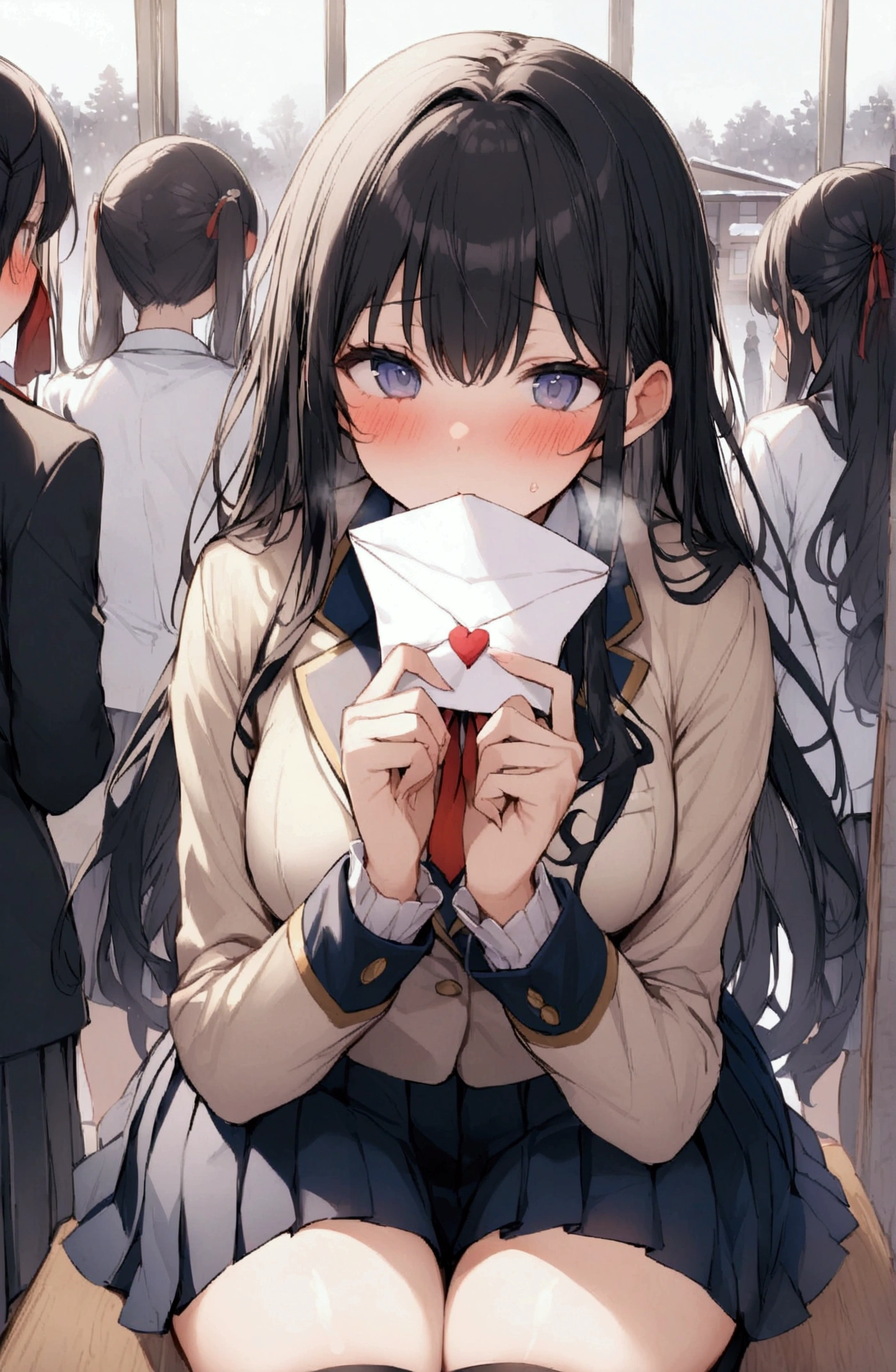 One Woman、beautiful girl、after school、evening、high school girl、Academy、Back of the school building、It&#39;s snowing、Snowfall、Blazer uniform、Pleated skirt、Black knee-high socks、Long Hair、Wearing a scarf、Highest quality,  Thick thighs、Big 、Black Hair、The girl is blushing、To the audience、Holding a love letter in both hands、Present a love letter to the audience、White Breath