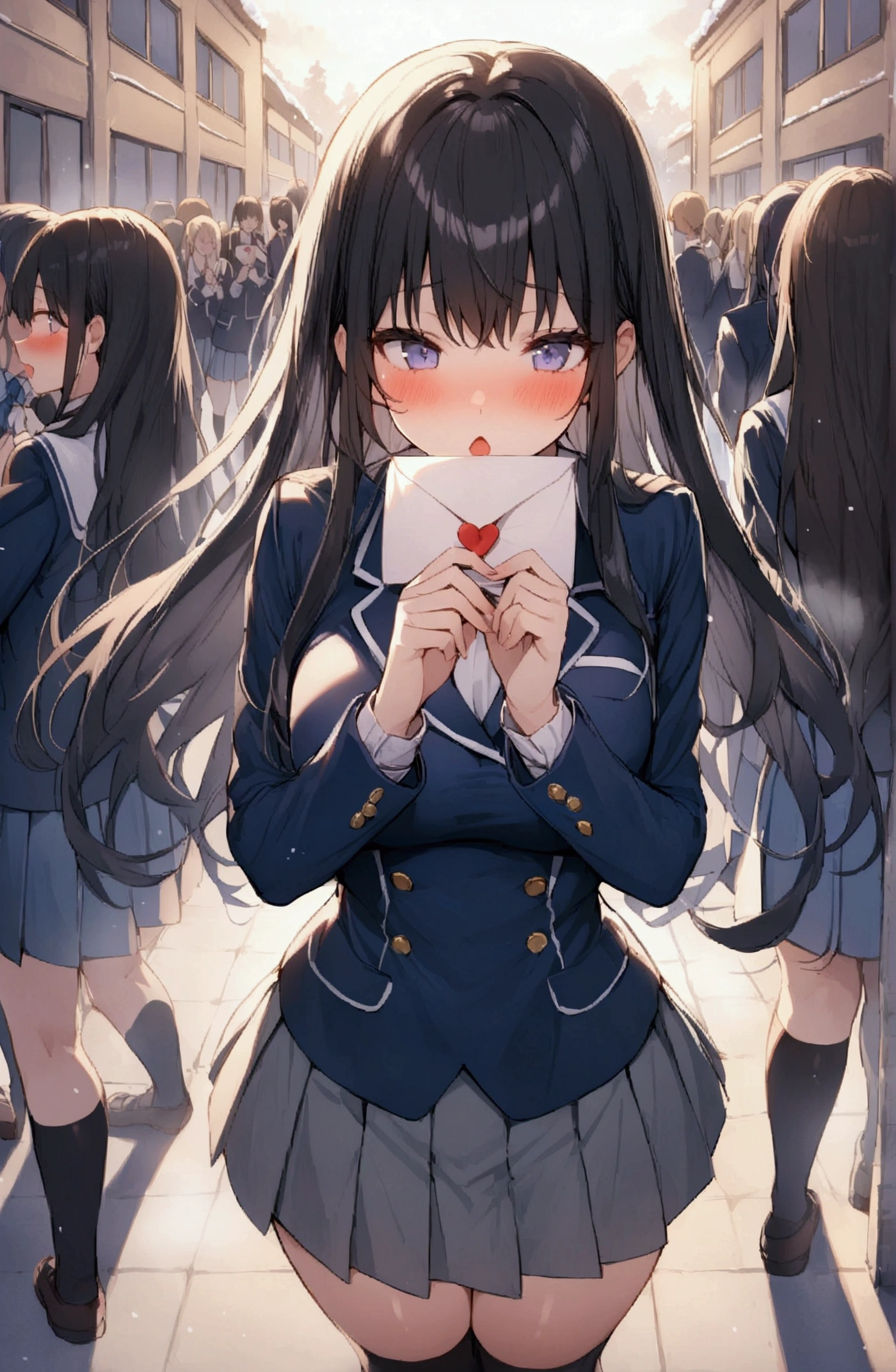 One Woman、beautiful girl、after school、evening、high school girl、Academy、Back of the school building、It's snowing、Snowfall、Blazer uniform、Pleated skirt、Black knee-high socks、Long Hair、Wearing a scarf、Highest quality, Thick thighs、Big 、Black Hair、The girl is blushing、To the audience、Holding a love letter in both hands、Present a love letter to the audience、White Breath