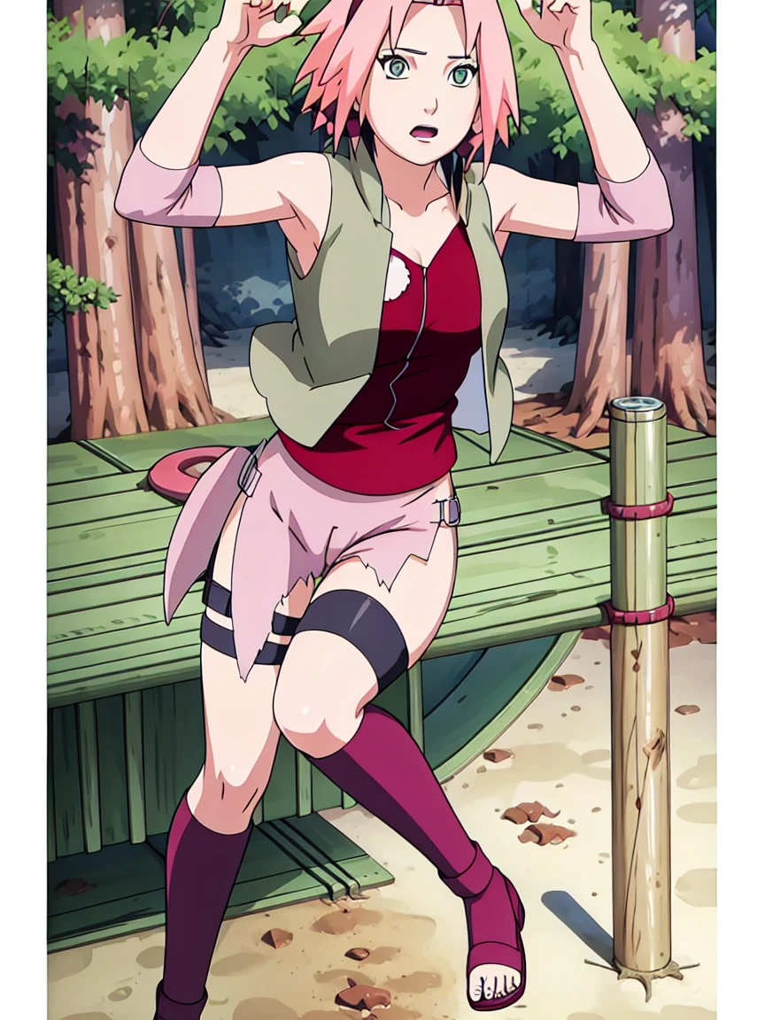 Sakura Haruno nude,wide hips,abdomen,sexy ,Show your armpits,jump,On the tree,IPST,(( naked,Torn shirt,full body,sleep, In the forest,open shirt,nipple))