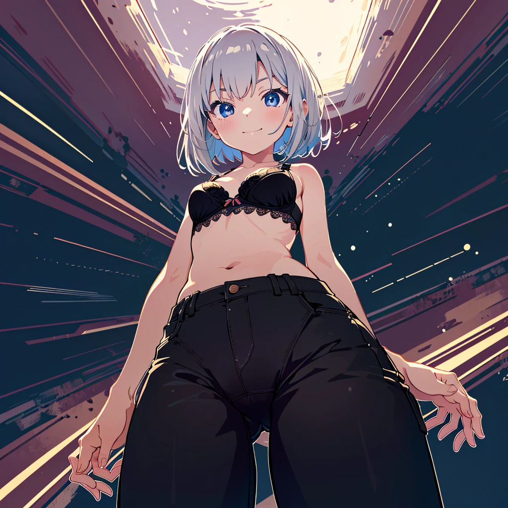 Absurd, Masterpiece, Best Quality, (Super Detailed), (Nice Hands, Perfect Hands), Ideal Proportions of the Body, BREAK (Vector Outline, Flat Color: 1.3), ((1girl)), Solo , core_9, score_8_up, score_7_up, source_anime, masterpiece, highest quality, 1 girl, (: 1.3), cute girl, 7 yeoung: 1.8), fine blue eyes, (eye highlights), silver medium Bob hair: 1.2), big breasts, long hair, pants pulled up, underwear (black panties), bra, lace, light smile, cameltoe, cinematic lighting, cinematic shadow, from below, dynamic angle,