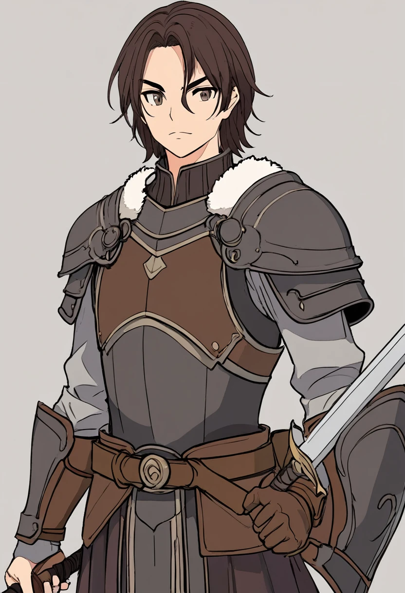 A square face that looks strong and clear. His eyes are grey.
His eyebrows were nicely thick and neatly lined.
Caleb's hair is dark brown and short.
Strong and muscular body
He is about 185 centimeters tall and has broad shoulders.
Wears brown leather armor. His armor was simple in appearance.
Carry a long sword made of iron.