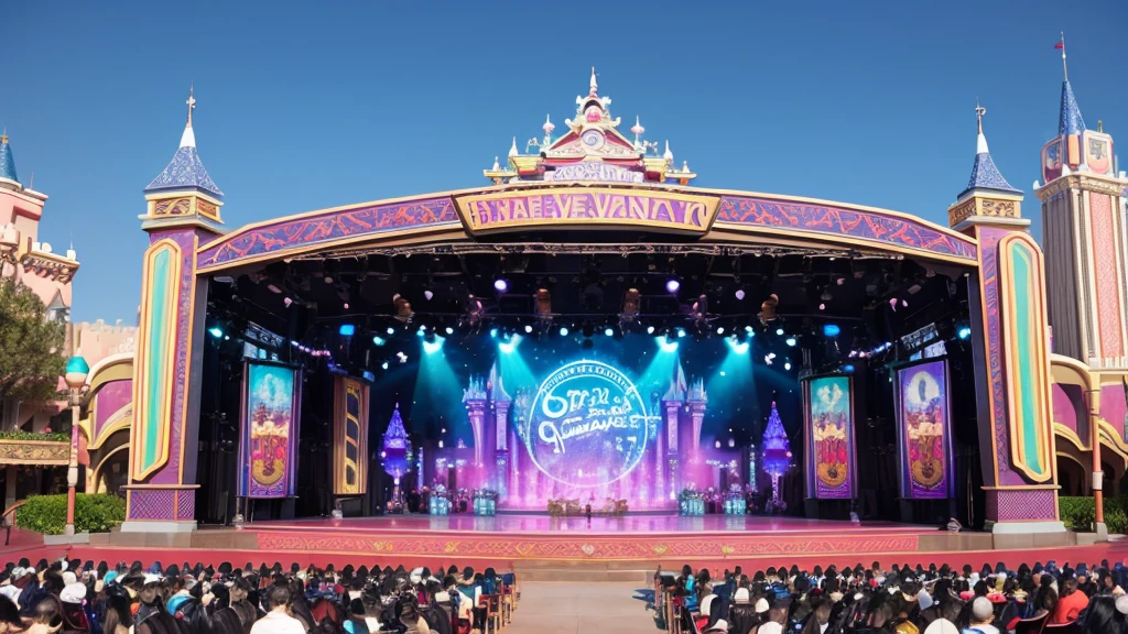 An empty Disneyland-style outdoor show stage during the day。The stage background features colorful musical scores.