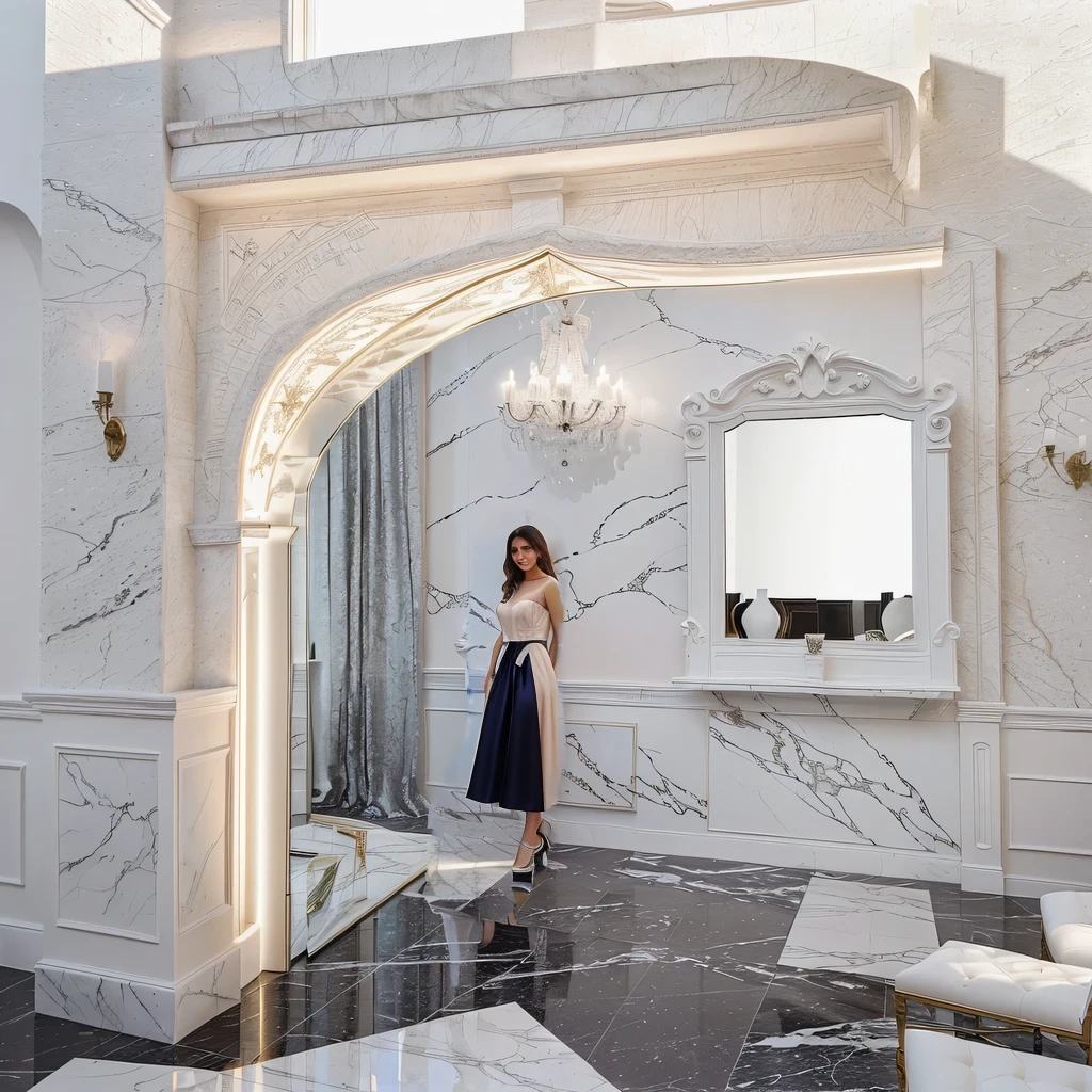 There is an 82cm x 25cm x 82cm MIRROR OF ENCHANTMENT CLASSIC on the wall which is the visual focus ,DIOR advertising style,furniture advertising graphic photography, Italian castle living room, stucco wall,Black and white marble floor、 Italian masterpiece, Great masterpiece,Elegant