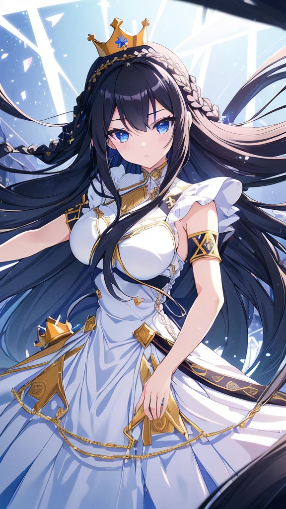 best quality, extremely detailed,anime style girl,long hair down to the waist, straight hair, ((dark black hair with bluish)),((crown braid)),beautiful detailed eyes, pinched eyes, (dark blue eyes),huge breasts,curvy,((((white main princess battle dress)))),clothing with complex patterns,cool expression,((nature)),Sunlight,((Diagonal angle)),dynamic angle