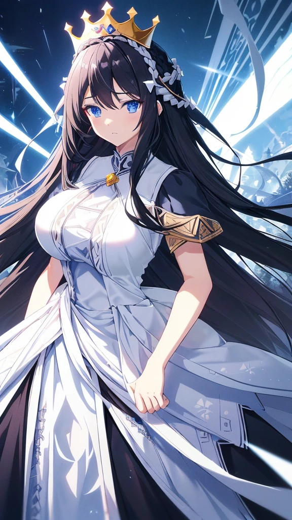 best quality, extremely detailed,anime style girl,long hair down to the waist, straight hair, ((dark black hair with bluish)),((crown braid)),beautiful detailed eyes, pinched eyes, (dark blue eyes),huge breasts,curvy,((((white main princess battle dress)))),clothing with complex patterns,cool expression,((nature)),Sunlight,((Diagonal angle)),dynamic angle