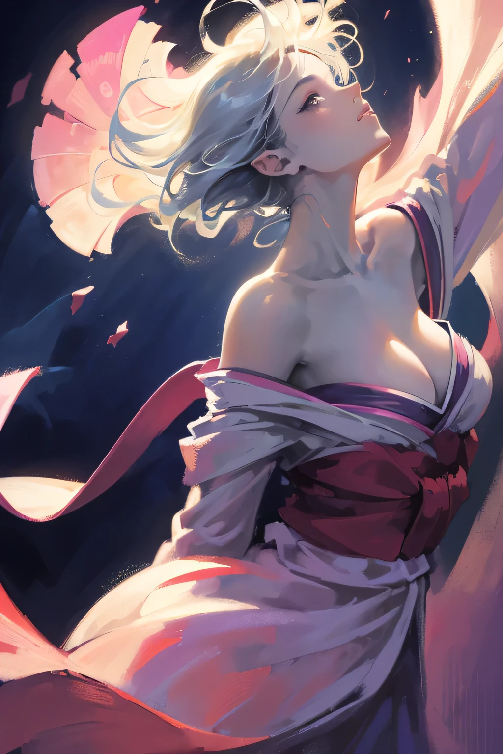 (Close-up image:1.4)((masterpiece:1.5,Highest quality,Beautiful images、2.5D、Abstract、Artistic、Watercolor))(One girl, 独奏)(Cute Girls、large breasts, Gray Hair、short hair、Beautiful breasts、Beautiful breasts cleavage),(profile、Look at an angle、shake your head、Sad look, Floating Hair、Backlight)(Plain background:1.5)((Dynamic Angle:1.5)). (kimono、Off the shoulder、sexly). ((from side))