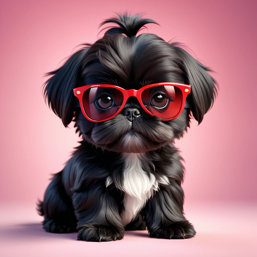 adorable small black shih tzu puppy, wearing red sunglasses, disney pixar style, 3d render, highly detailed, extremely cute, soft fur, photorealistic, vibrant colors, studio lighting, sharp focus, seamless, best quality