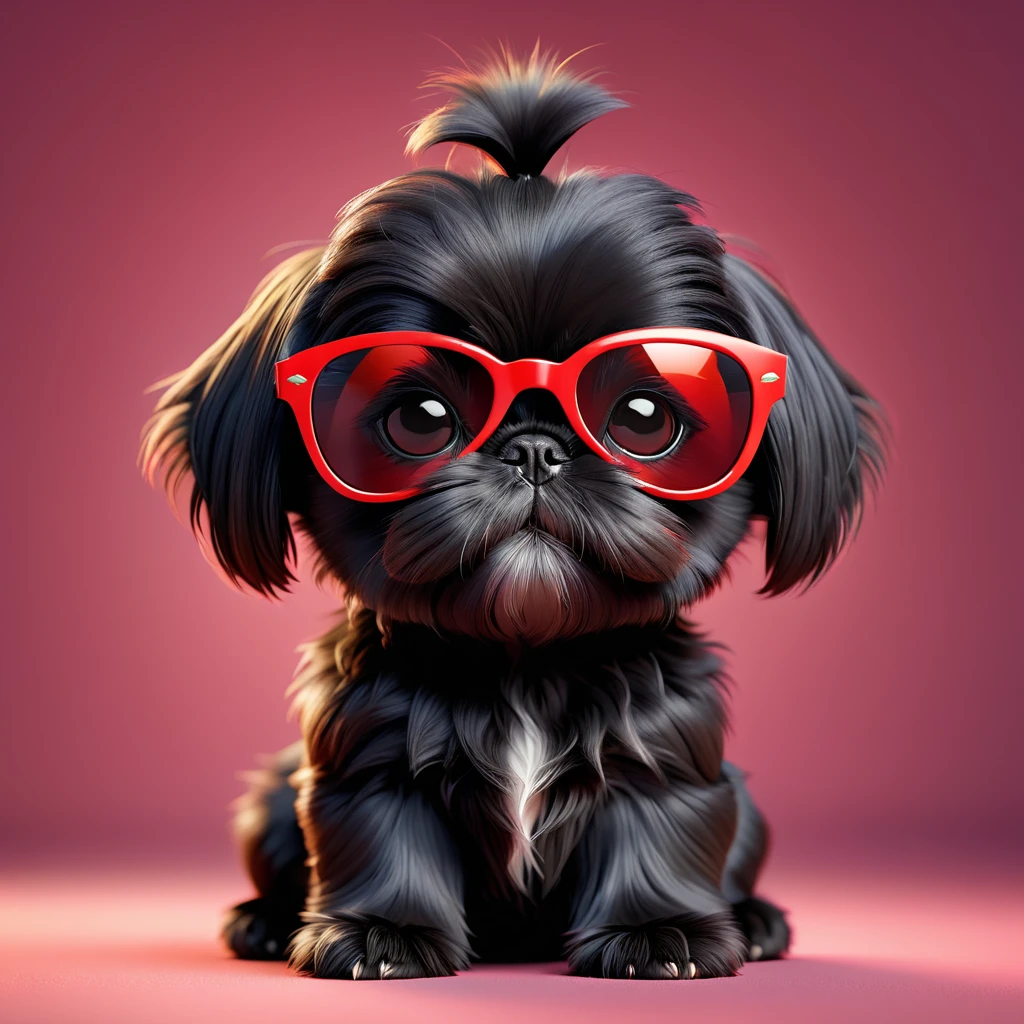 adorable small black shih tzu puppy, wearing red sunglasses, disney pixar style, 3d render, highly detailed, extremely cute, soft fur, photorealistic, vibrant colors, studio lighting, sharp focus, seamless, best quality