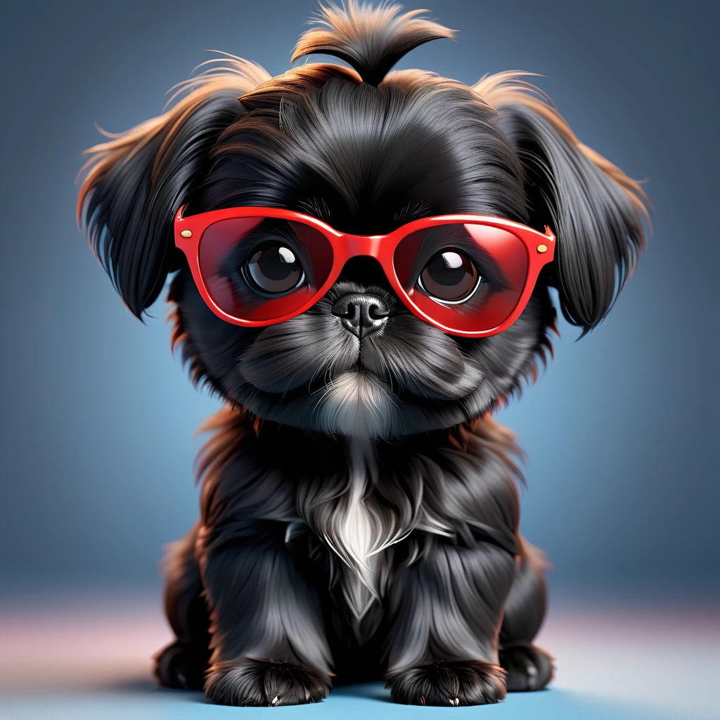 adorable small black shih tzu puppy, wearing red sunglasses, disney pixar style, 3d render, highly detailed, extremely cute, soft fur, photorealistic, vibrant colors, studio lighting, sharp focus, seamless, best quality