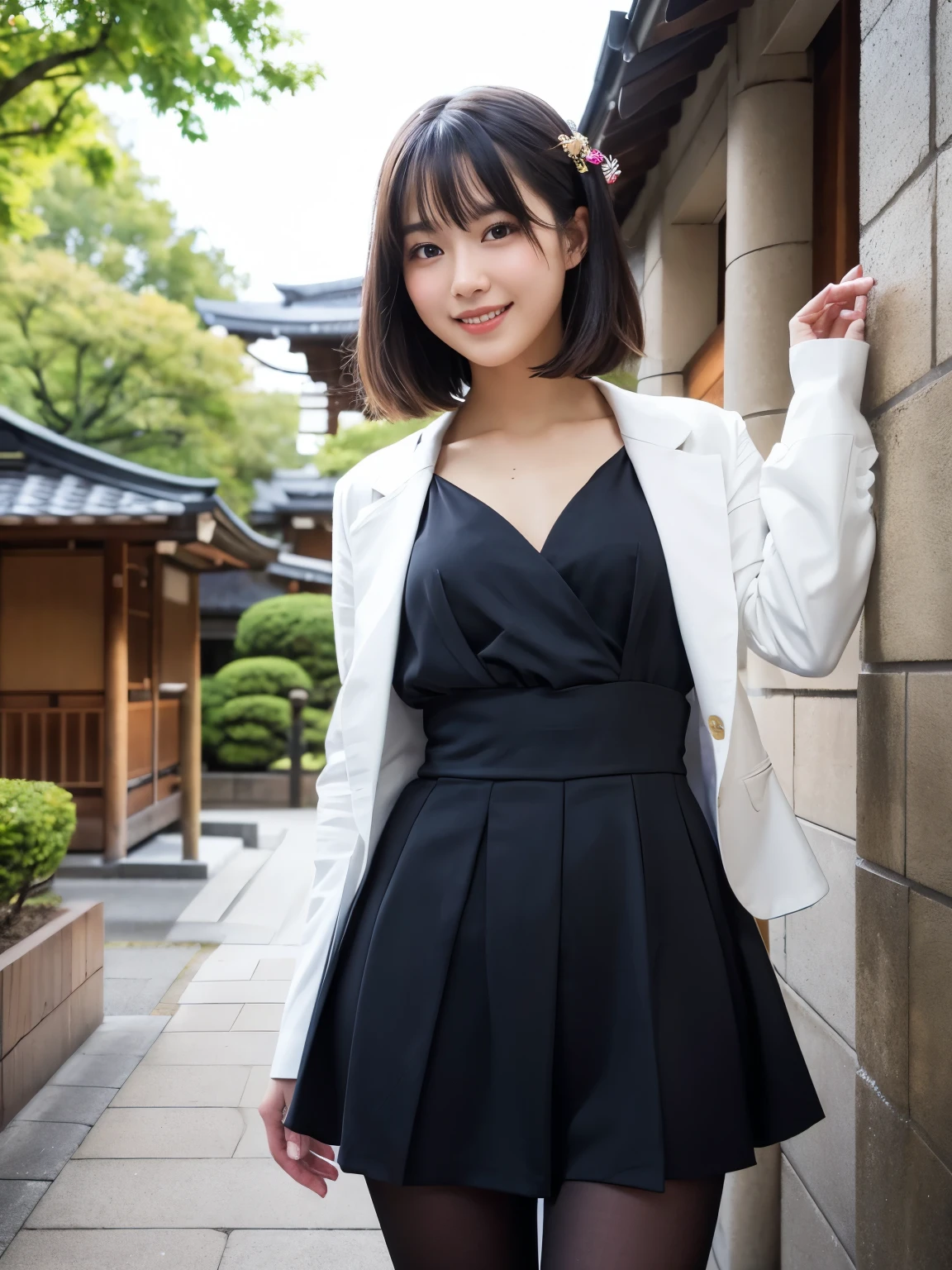 Face :9,503917907], A 19-year-old female college student from an upper-class background、Wearing a black formal dress、Ultra-realistic pantyhose、Go down the stairs、Height: 165cm, Japanese Model, Short Layered Hair、Japanese girl, Neat and clean Japan woman, Laughter、smile、Japanese Goddess, Innocence、RAW Photos, (8k、Highest quality、masterpiece:1.2)、(Intricate details:1.4)、(Photorealistic:1.4)、Octane Rendering、Complex 3D rendering with ultra-detail, Studio Lighting, Rim Light, Vivid details, Super Detail, Realistic skin texture, Detailed aspect, Beautiful details in the eyes, Highly detailed CG Unity 16k wallpaper, compensate, (Detailed Background:1.2), Glowing Skin、