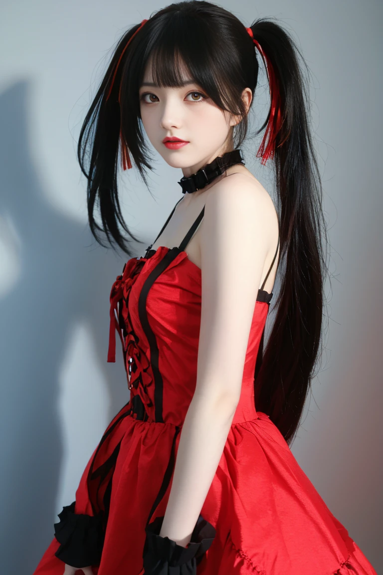 ulzzang-6500-v1.1,(raw photo:1.2),((photorealistic:1.30)), ((best quality)) ,((masterpiece)),((Ultra High Resolution)), ((Clear View)),,Ultra-high resolution,Clear face,(Reality:1.4) , illustration, an extremely delicate and beautiful, extremely detailed ,CG ,unity ,8k wallpaper, Amazing, finely detail, masterpiece,best quality,official art,extremely detailed CG unity 8k wallpaper,absurdres, incredibly absurdres, huge filesize, ultra-detailed, highres, extremely detailed,beautiful detailed girl, extremely detailed eyes and face, beautiful detailed eyes,light on face,cinematic lighting, kurumi tokisaki astral dress, (tokisaki kurumi:1.2), long hair, black hair, (red eyes:1.3), (twintails:1.5), (yellow eyes:1.3), hairband, (heterochromia:1.5), dress, (red dress:1.5), bare shoulders, collarbone, choker, bowtie, red bowtie, detached sleeves, corset, frills,