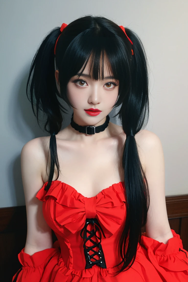 ulzzang-6500-v1.1,(raw photo:1.2),((photorealistic:1.30)), ((best quality)) ,((masterpiece)),((Ultra High Resolution)), ((Clear View)),,Ultra-high resolution,Clear face,(Reality:1.4) , illustration, an extremely delicate and beautiful, extremely detailed ,CG ,unity ,8k wallpaper, Amazing, finely detail, masterpiece,best quality,official art,extremely detailed CG unity 8k wallpaper,absurdres, incredibly absurdres, huge filesize, ultra-detailed, highres, extremely detailed,beautiful detailed girl, extremely detailed eyes and face, beautiful detailed eyes,light on face,cinematic lighting, kurumi tokisaki astral dress, (tokisaki kurumi:1.2), long hair, black hair, (red eyes:1.3), (twintails:1.5), (yellow eyes:1.3), hairband, (heterochromia:1.5), dress, (red dress:1.5), bare shoulders, collarbone, choker, bowtie, red bowtie, detached sleeves, corset, frills,