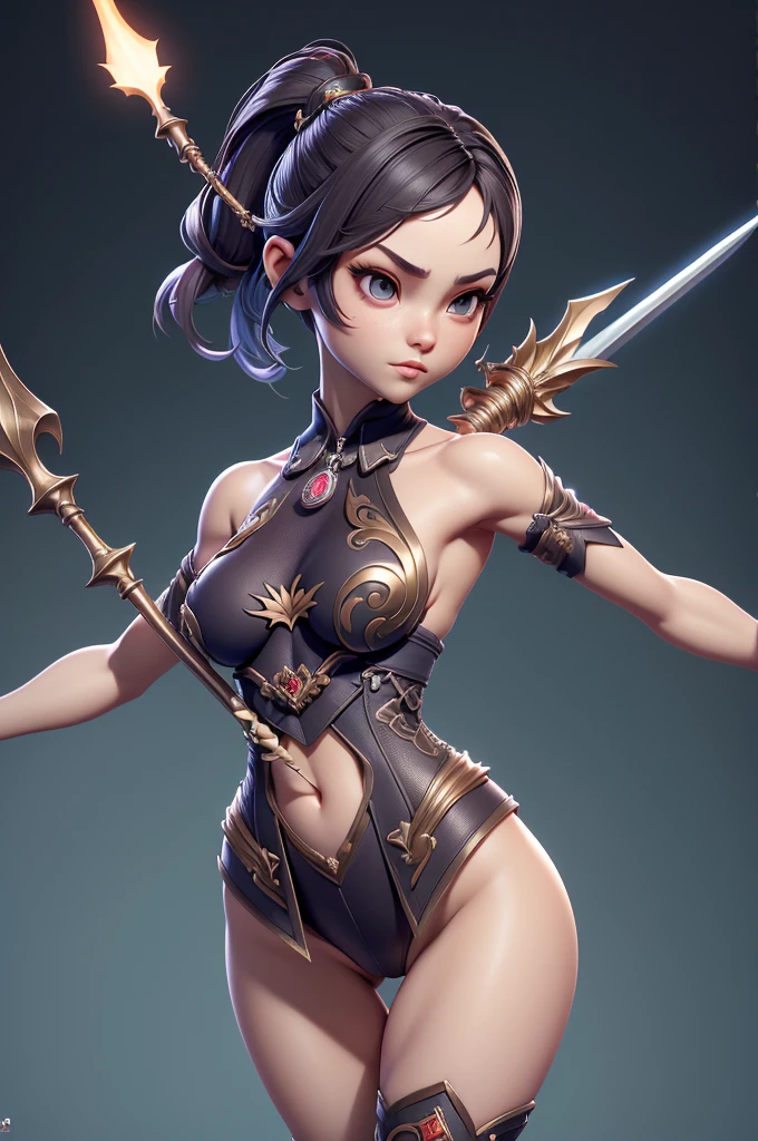 impacto Genshin, 3D style, Legs long, complex light, muito sensuous, ((sexly)), over all view, detailed top,(cover with decorated edges),small top showing upper part of breasts,sensuous,((very big tits)), (Waist slender), (perfect curves), perfect feets, show flat stomach and hips and breasts, Overlay top, very short top with realistic textures, legs and hips uncovered,bare arms, (((With spear in one hand))), (((little waist))),ultra realistic skin showing pores