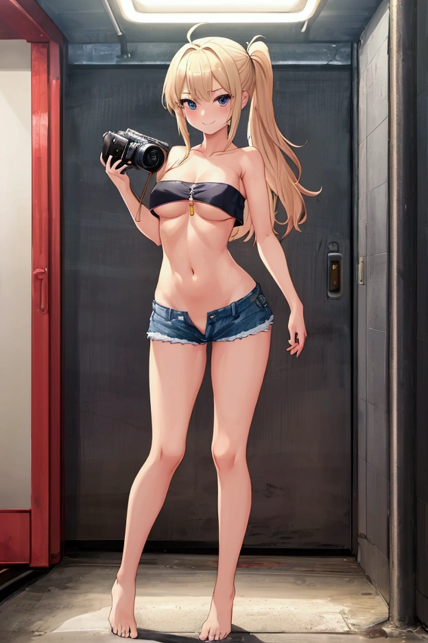 girl，Young，、（masterpiece，Highest quality），Street，Completely naked，Bare shoulders、Gal、Blonde、smile、passionate、long hair、(Underboob)，Big Breasts，Cleavage，(stomach)，Black mini tube top、looking at the camera、barefoot、Very short denim shorts(The zipper is broken)，(Ultra Micro Mini Shorts)，Strong winds、solo、Are standing、barefoot，In the subway、City、City of the near future