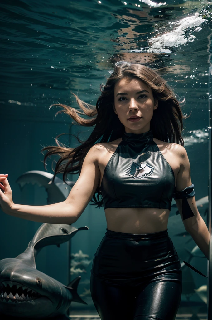 Shark girl in the sea with other sharks
