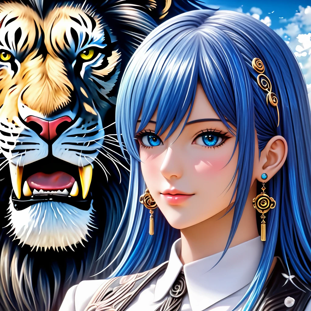 a woman with blue hair and earrings standing next to a lion, detailed digital anime art, portrait knights of zodiac girl, digital anime illustration, detailed anime character art, anime style illustration, stunning art style, trending on artstration, detailed fanart, highly detailed exquisite fanart, anime illustration, beautiful anime art style, anime style 4 k, striking detailed artstyle